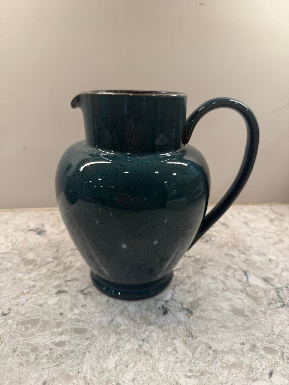 DENBY Harlequin Stoneware Pitcher Green Exterior & Blue Interior Speckled